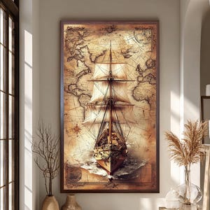 Puede incluir: Impresión enmarcada de un barco de vela sobre un fondo de mapa antiguo. La obra de arte, en tonos marrones y beige, muestra un mapa detallado con una rosa de los vientos. El barco tiene múltiples velas y navega por el océano.