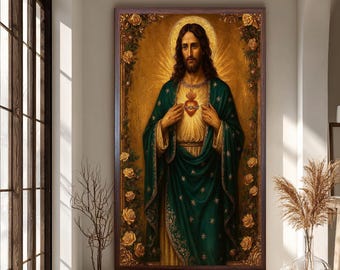 Sacred Heart of Jesus Canvas Wall Art Print, Classical Christian Religious Artwork, Gold Iconic Faith Canvas Painting for Church Home Decor