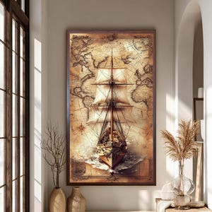 Impresión en lienzo de un velero vintage con mapa del mundo antiguo, arte mural náutico marítimo, lienzo clásico de un barco explorador para decoración del hogar y la oficina.