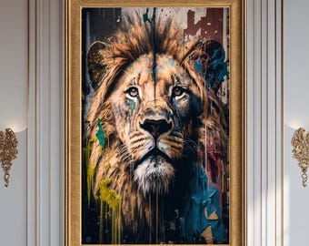 Colorful Lion Canvas Print, Majestic Lion Portrait Wall Art, Modern Abstract Animal Canvas for Bold Home Decor