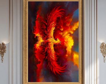Fiery Phoenix Rising Canvas Wall Art Print, Mythical Fire Bird Artwork, Red Orange Fantasy Canvas Painting for Living Room Decor