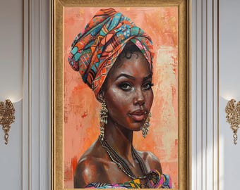 African Woman Portrait Canvas Wall Art, Colorful Tribal Headwrap, Elegant Afrocentric Modern Home Decor Print