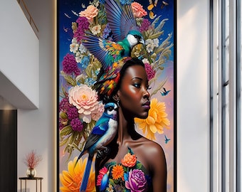 Surrealistisch vrouwenportret canvas muurkunst met vogels en bloemen, kleurrijke vrouwelijke fantasie canvasprint voor modern artistiek interieur