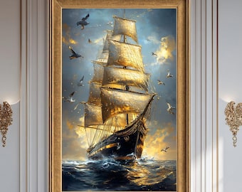 Golden Sailing Ship Canvas Print, Nautical Maritime Wall Art, Vintage Tall Ship Canvas Artwork for Coastal Decor
