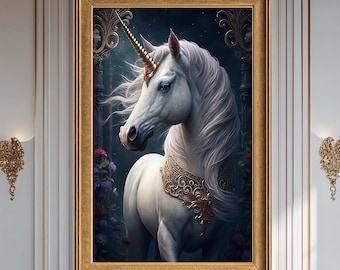 Elegante weiße Einhorn Leinwand Fantasy Wandkunst, majestätische mythische Pferde Illustration, magische verträumte Wohnkultur Statement Leinwand