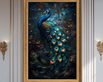 Majestic Peacock Canvas Print Wall Art Elegant Fantasy Bird Illustration Luxury Nature Artwork Teal Gold Feathers Canvas Decor