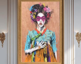 Lienzo de geisha moderna, arte de pared colorido, retrato contemporáneo, inspiración asiática, impresión abstracta figurativa, decoración del hogar