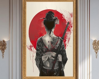 Japanese Samurai Woman Canvas Print Wall Art Geisha Warrior Illustration Red Sun Oriental Tattoo Style Artwork Canvas Decor