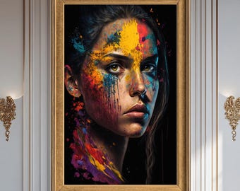 Impresión en lienzo de retrato femenino abstracto y colorido, arte facial expresionista moderno, arte mural contemporáneo vibrante para la decoración de la sala de estar.
