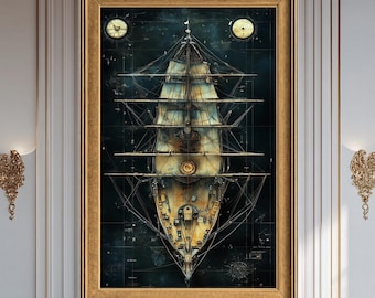 Arte mural en lienzo de velero vintage, ilustración de velero alto estilo plano náutico, impresión en lienzo de diseño antiguo marítimo para decoración de oficina.