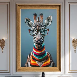 Coole zebra canvas muurkunst met bril, kleurrijk modern dierenportret, leuke pop-art muurdecoratie print