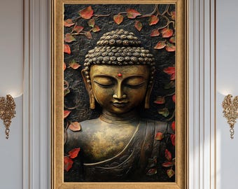 Golden Buddha Canvas Wall Art, Spiritual Zen Meditation Artwork with Nature Leaves, Peaceful Buddhist Decor Print for Yoga Room Living
