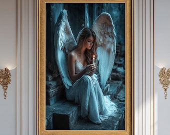 Angel with Candle Canvas Print, Dark Fantasy Angel Wall Art, Gothic Angel Painting on Canvas, Emotional Spiritual Home Decor