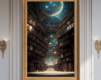 Lienzo de biblioteca de fantasía, arte de pared, estantería cósmica, ilustración, biblioteca espacial mágica, conocimiento surrealista, obra de arte, decoración de ensueño para el hogar.