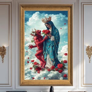 Surreal Religious Canvas Wall Art Featuring Virgin Mary and Red Devil with Roses, Gothic Fantasy Spiritual Artwork Print