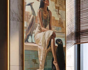 Ancient Egyptian Woman Canvas Print, Mythological Nile Scene with Sacred Animals and Hieroglyphs, Timeless Egypt Wall Art Decor