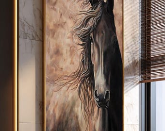 黒馬の肖像画：筆致の馬のプリント、金色の額縁に入った絵画風の壁掛け