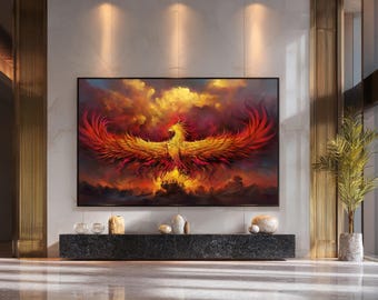 Fiery Phoenix Canvas Print, Mythical Fire Bird Wall Art, Powerful Fantasy Illustration Canvas for Dramatic Home Decor