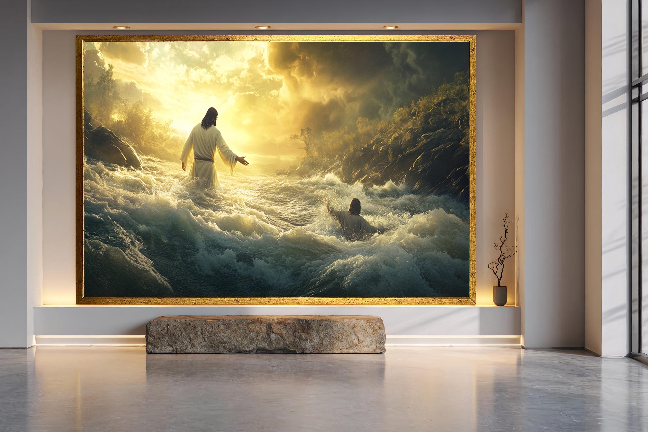 Jesus Saving Man From Stormy Waters Canvas Print, Biblical Faith Wall ...