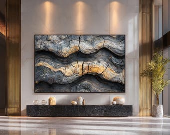 Stampa su tela astratta di roccia, arte murale con strati di pietra naturale, opera d'arte con motivo geologico nei toni della terra per un arredamento minimalista moderno