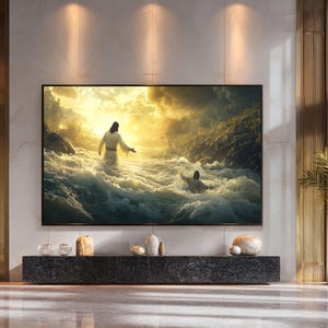 May include: A large framed artwork depicting a religious scene with a figure in white walking on water towards another figure. The artwork is displayed above a dark stone console with decorative objects. The room has a modern design with gold accents.