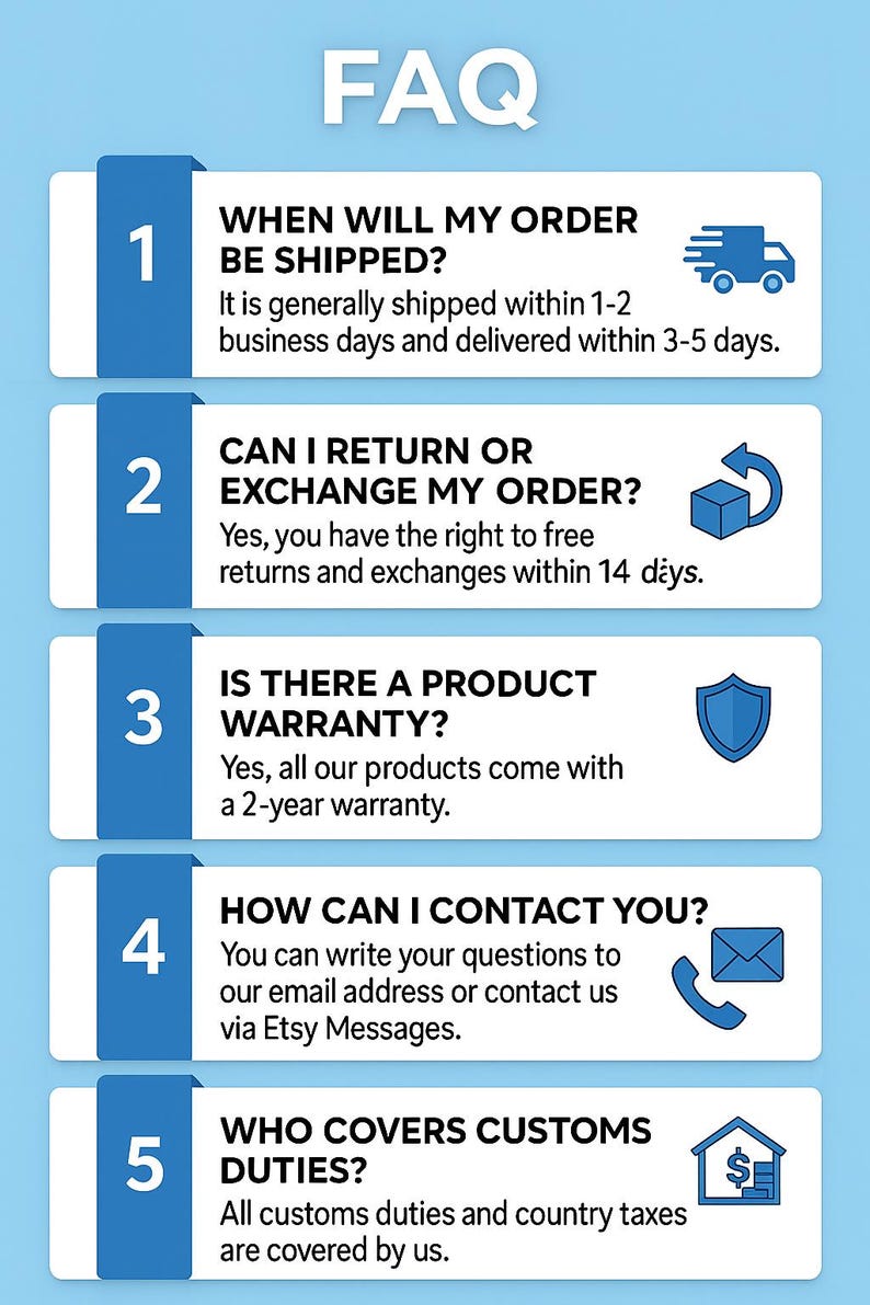May include: An infographic titled "FAQ" on a light blue background. It answers common questions about shipping, returns, warranty, contact, and customs duties. Each question is numbered and accompanied by a relevant icon.