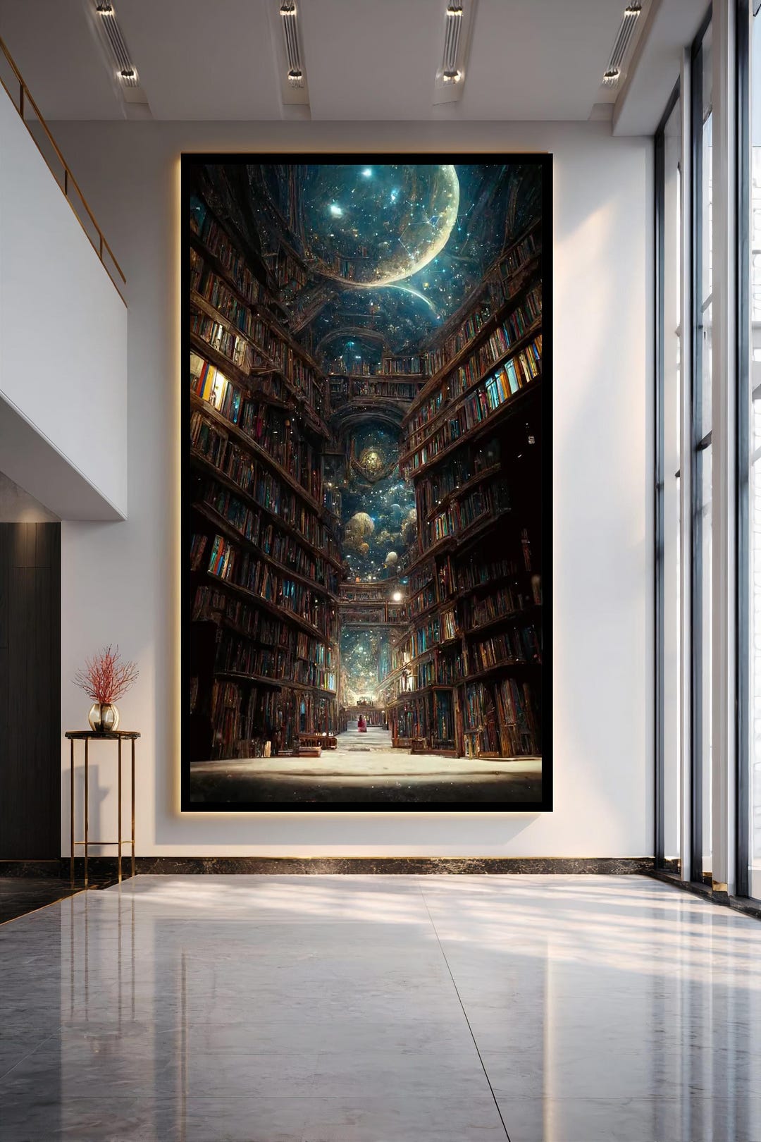 Fantasy Library Canvas Wall Art Cosmic Bookshelf Illustration Magical ...