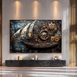 Könnte beinhalten: Ein großes, rechteckiges Kunstwerk im Steampunk-Stil, das ein Segelschiff mit komplizierten Zahnrad-Details zeigt. Die Segel sind strukturiert, und die Farbpalette umfasst Blau-, Braun- und Goldtöne. Das Kunstwerk ist an einer Wand über einer dunklen Steinkonsole angebracht.