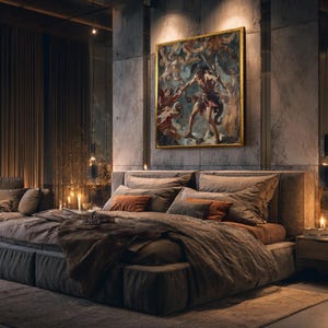 May include: A luxurious bedroom featuring a large bed with multiple pillows and a plush comforter in shades of gray and brown. A framed painting with a gold border hangs above the bed. The room has a modern, minimalist design with concrete walls and warm lighting.
