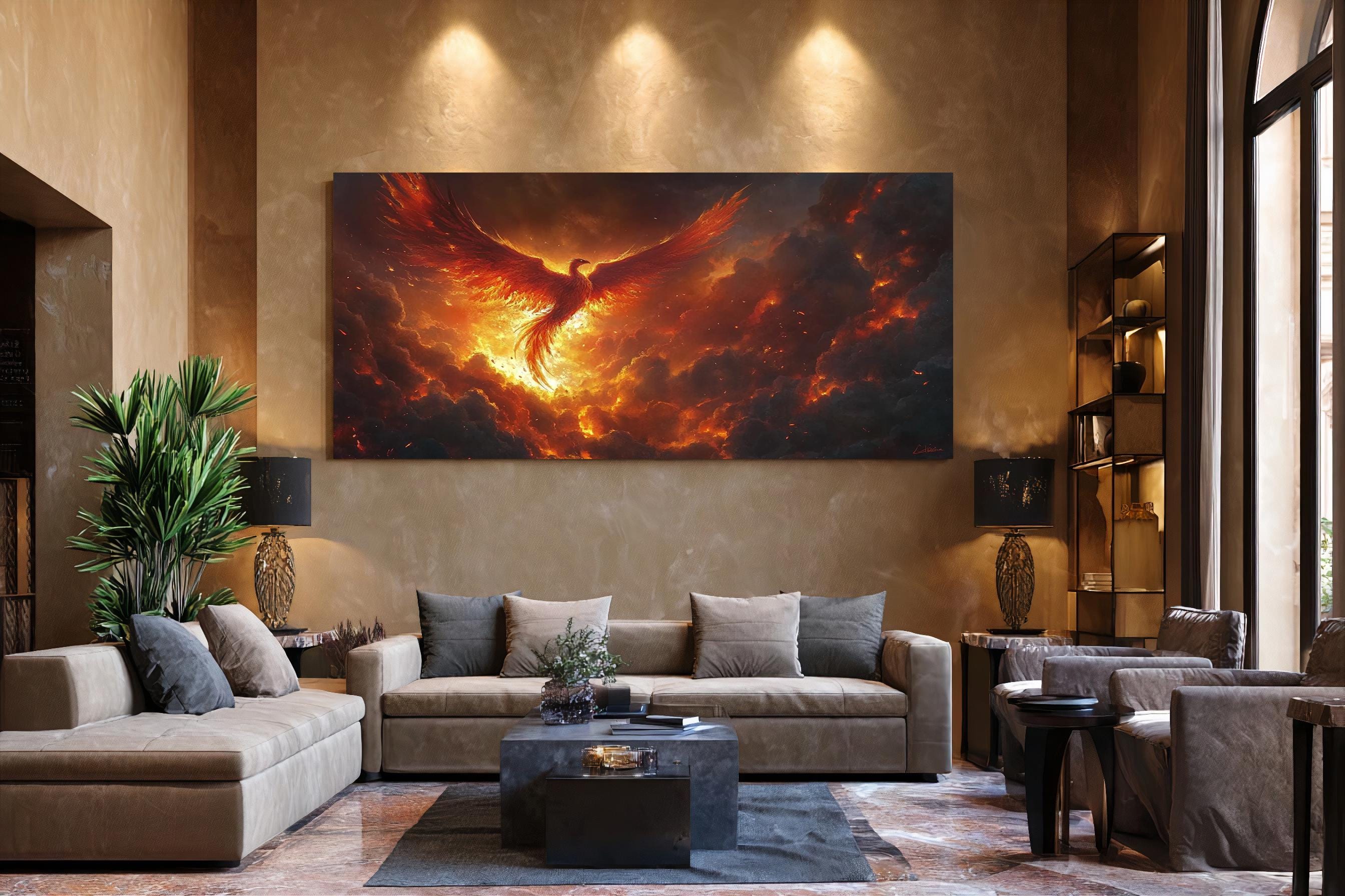 Epic Phoenix Rising Canvas Wall Art, Fiery Mythical Bird Fantasy ...