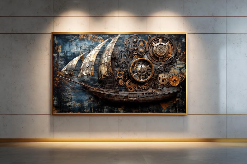 Create Clockwork Ship Design Steampunk Sailing Ship Canvas Wall Art With Gears and Clockwork Details ...