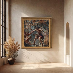 May include: A framed classical painting depicting a battle scene with figures in various poses. The artwork features a gold frame and is displayed on a neutral-toned wall. The room includes a window, a vase with dried plants, and a wooden floor.