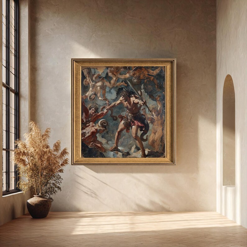 May include: A framed classical painting depicting a battle scene with figures in various poses. The artwork features a gold frame and is displayed on a neutral-toned wall. The room includes a window, a vase with dried plants, and a wooden floor.