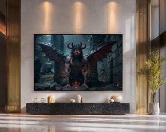 Dark Demon Warrior Canvas Wall Art, Horned Fantasy Character with Wings and Red Eyes, Epic Gothic Home Decor Print on Canvas