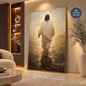 Canvasprint 'Jezus loopt over het water', christelijk geloof, muurdecoratie, spiritueel en religieus kunstwerk voor thuis, kerk of gebedsruimte.