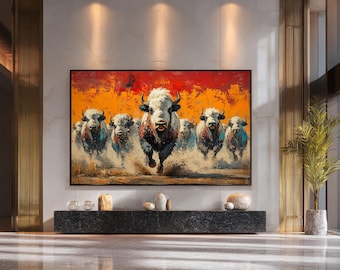 Stampa su tela raffigurante una mandria di bisonti alla carica, potente opera d'arte murale raffigurante la fauna selvatica, dipinto di un bufalo americano, audace decorazione su tela in stile western