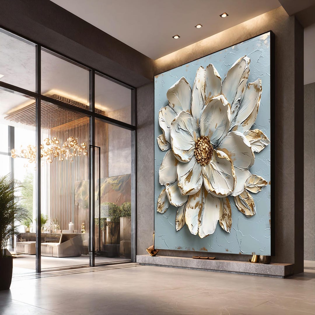 Elegant White Flower Canvas Print, Floral Wall Art With Gold Accents ...