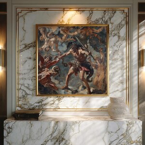 May include: A framed classical painting depicting a battle scene with figures in various poses, set against a cloudy backdrop. The artwork is mounted on a marble wall, with a decorative gold frame. A small, dark box and a white vase sit on a marble shelf below.