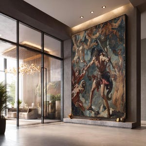May include: Large framed painting depicting a classical scene with figures in a dramatic pose. The artwork features a central male figure holding a sword, surrounded by other figures in a dynamic composition. The color palette includes earthy tones and muted blues.