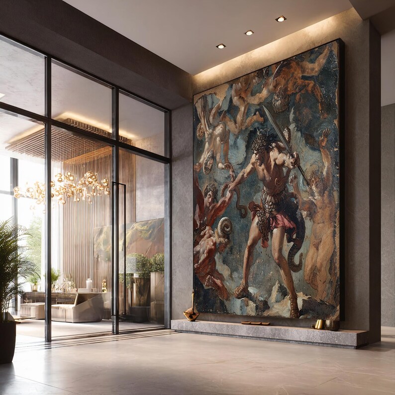 May include: Large framed painting depicting a classical scene with figures in a dramatic pose. The artwork features a central male figure holding a sword, surrounded by other figures in a dynamic composition. The color palette includes earthy tones and muted blues.