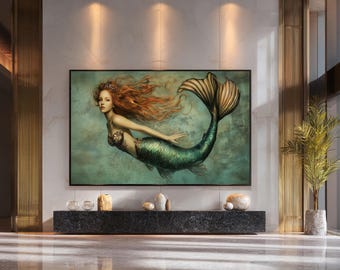 マーメイドキャンバスウォールアート、海のファンタジー絵画、海に