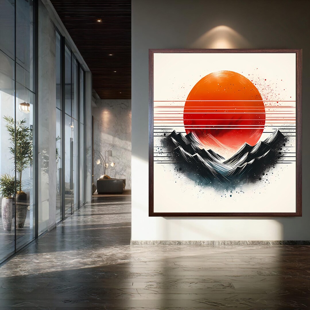Japanese Red Sun Landscape Canvas Print, Minimalist Mountain Wall Art ...