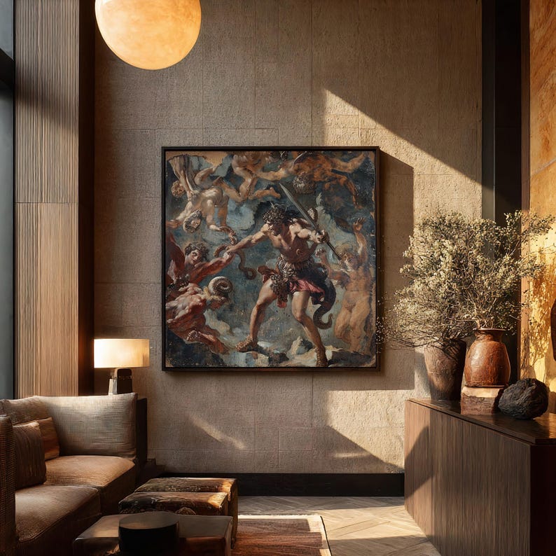 May include: A framed classical painting depicting a muscular figure with a sword battling other figures. The artwork is displayed on a textured wall in a room with a sofa, side table, and decorative vases.