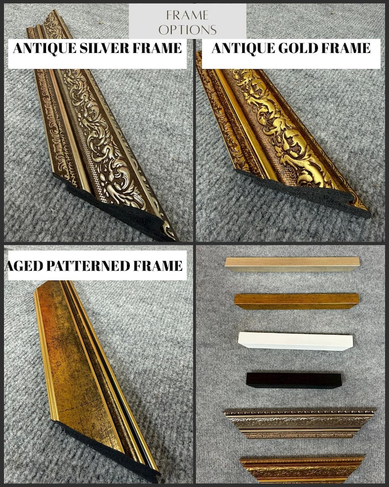 May include: Image showcasing various frame options. Includes antique silver and gold frames, an aged patterned frame, and several smaller frame samples in different colors and styles. Text overlay reads "Frame Options".