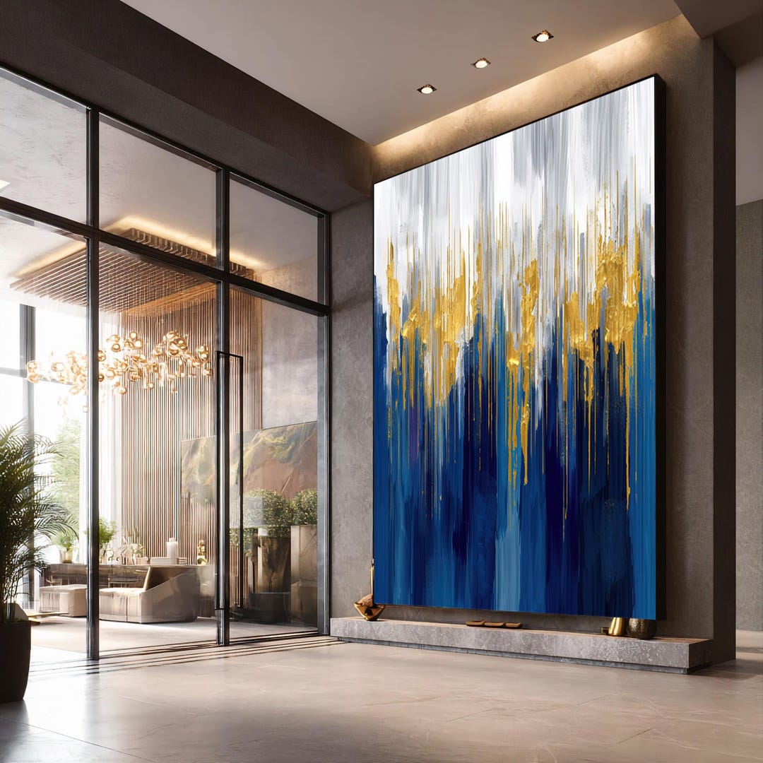 Abstract Blue and Gold Canvas Print, Modern Vertical Wall Art With ...