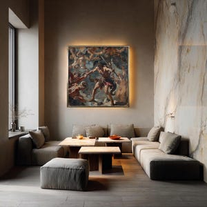 May include: A large, framed painting depicting a dramatic scene with figures in classical attire, illuminated by a warm, golden light. The artwork hangs above a modern seating area with neutral-toned furniture and wooden tables, creating a blend of classic and contemporary styles.