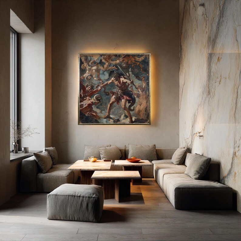 May include: A large, framed painting depicting a dramatic scene with figures in classical attire, illuminated by a warm, golden light. The artwork hangs above a modern seating area with neutral-toned furniture and wooden tables, creating a blend of classic and contemporary styles.