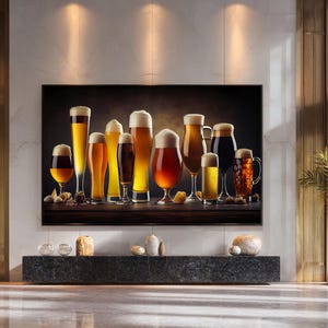 May include: A large flat-screen TV displays a collection of various beers in different glasses. The beers range in color from light golden to dark brown, with foamy heads. The TV is mounted on a white wall above a dark gray stone shelf.