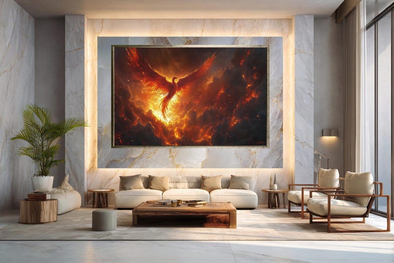 Epic Phoenix Rising Canvas Wall Art, Fiery Mythical Bird Fantasy ...