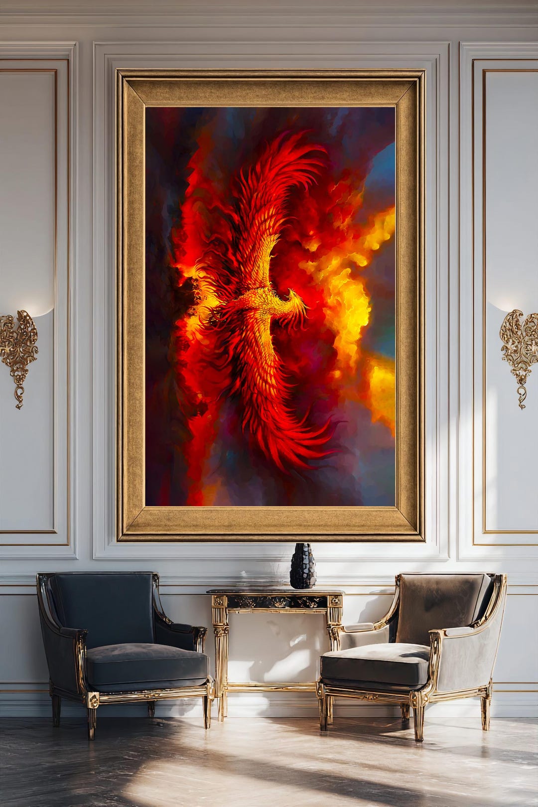 Fiery Phoenix Rising Canvas Wall Art Print, Mythical Fire Bird Artwork ...